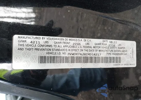 2012 Volkswagen Jetta 2.5L Se из США, поврежденный, VIN 3VWDX7AJXCM314217